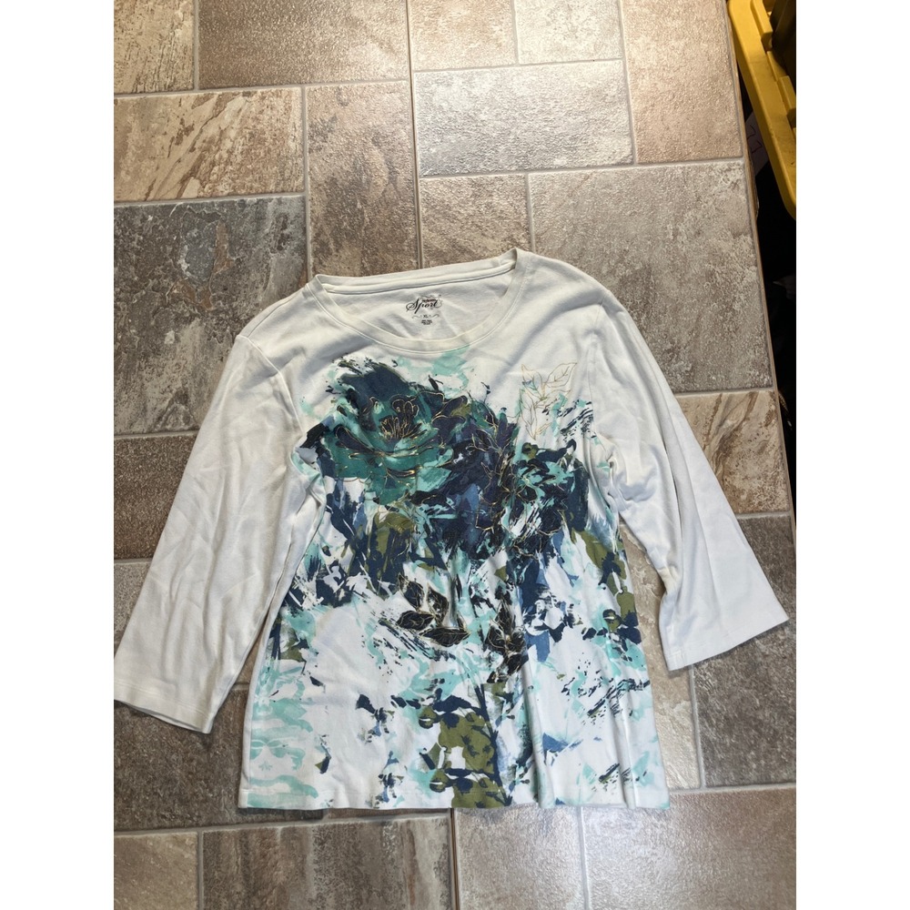 Style Co Sport White Floral‎ Print 3/4 Sleeve T Shirt XL